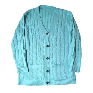 Cable Knit Cardigan Sweater Aqua Blue‎ Pockets Grannycore Grandpa 1X Buttons